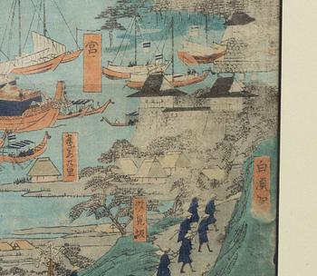 Utagawa Yoshitora, Harbour scene from the series 'Famous places on the Tokaido Road'.