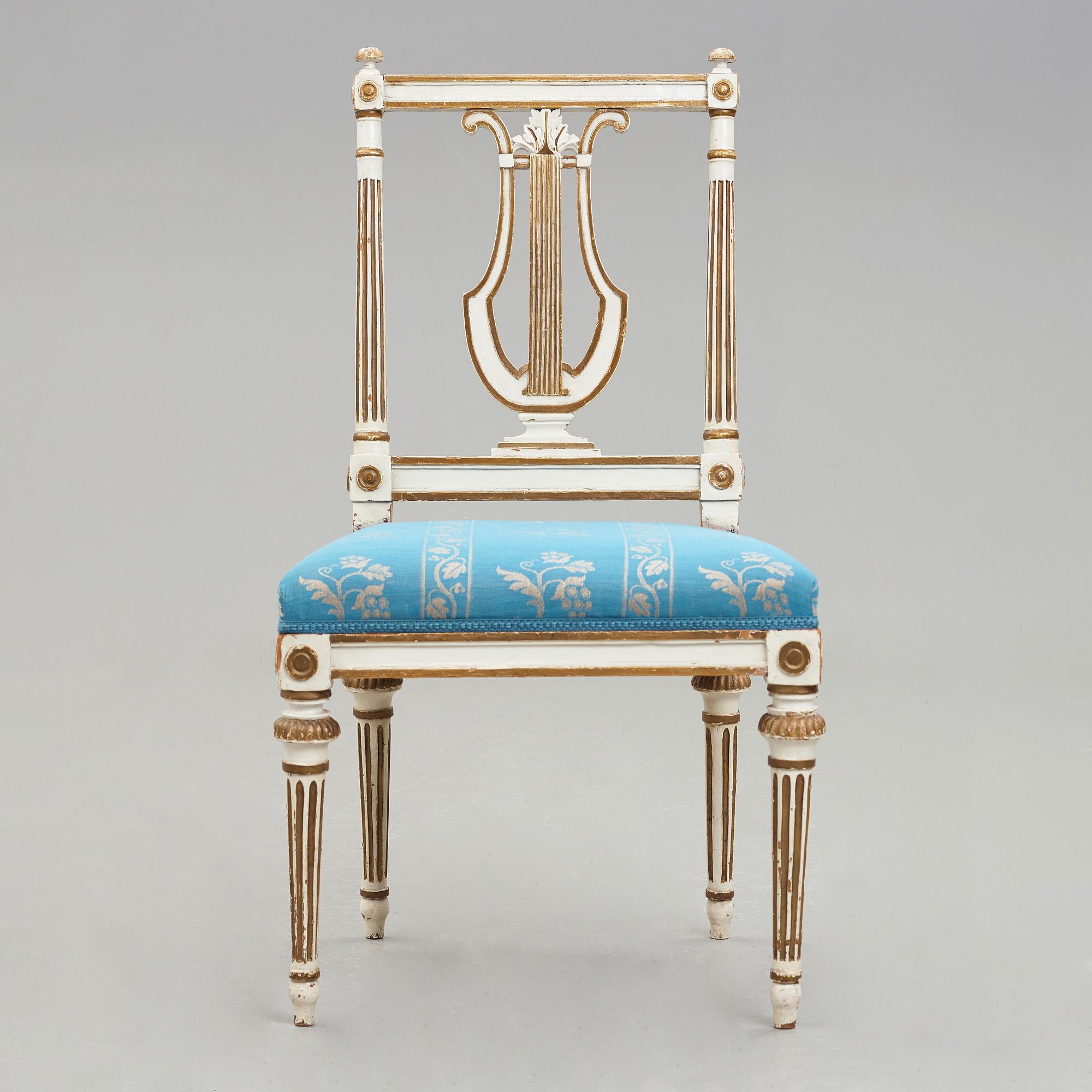 STOLAR, sju stycken (3+2+2), av Erik Öhrmark (mästare i Stockholm 1777-1813), gustavianska, 1700-talets slut.