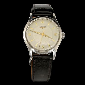 HERRARMBANDSUR, 2 st, stål, Longines och Omega, 1900-tal.