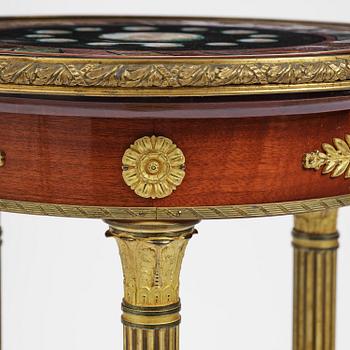 An Empire-style mahogany table with a pietre dure, micromosaic and specimen marble top, mid 19th century.