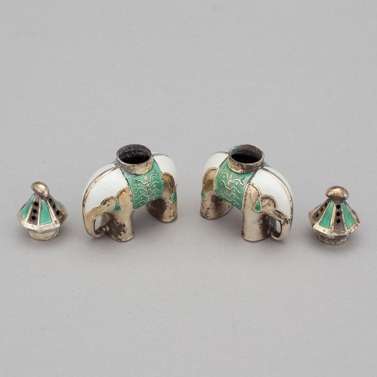 SALTCELLAR, a couple, silver, enamel, J Tostrup , Oslo, 1900s.