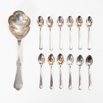 Twelve coffee spoons, as well as a serving spoon, silver, including with mark of Befwes Juvelerareaffär, Stockholm 1922.