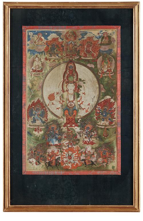 THANGKA, färgpigment på bomull och papper. Tibet, 17/1800-tal.