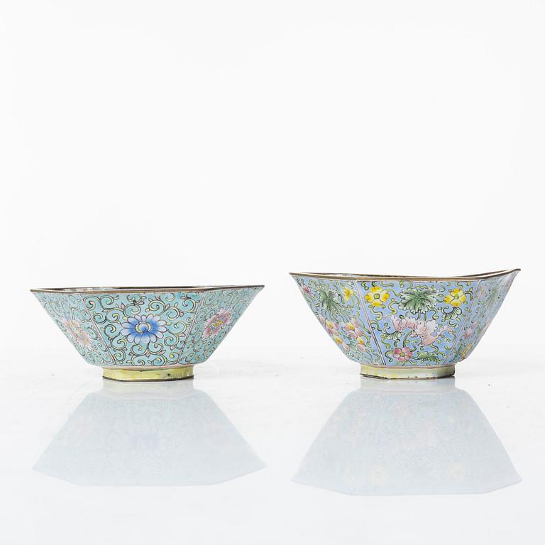 A set of six Chinese enamel on copper bowls and a dish, Qing dynasty and 20th century.