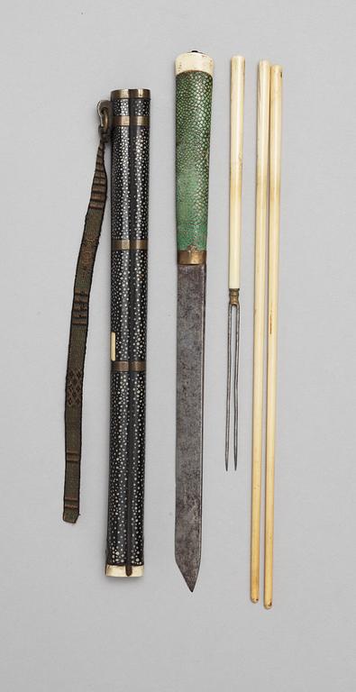 An ivory and shagreen chopstick holder, also with knife and fork, Qing dynasty (1644-1911).