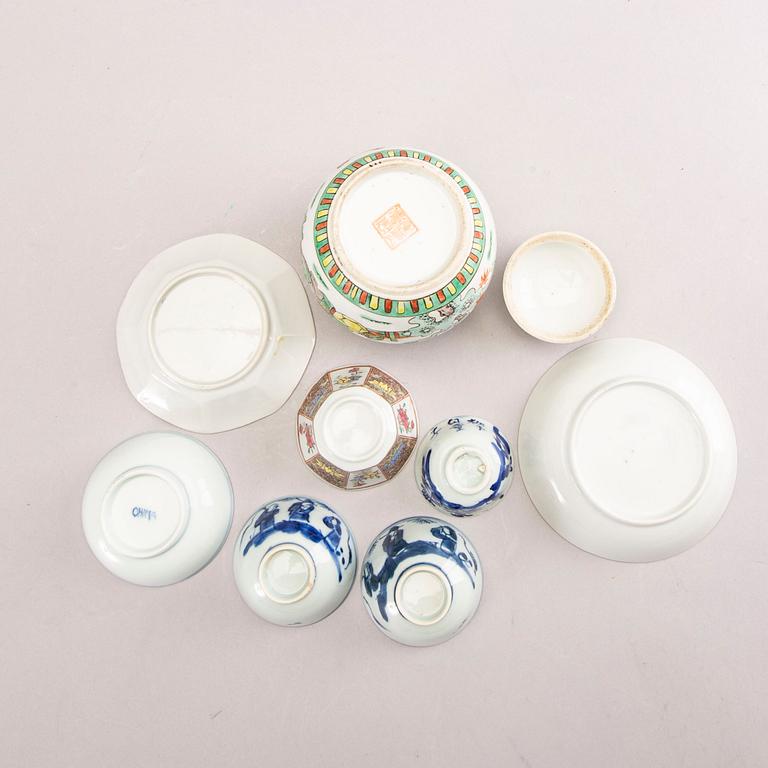 A set of seven different Chinese porcelain cups, saucers and urn 18th-20th century.