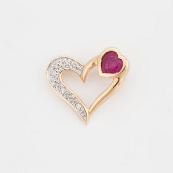 A heart shaped ruby and single cut diamond pendant.