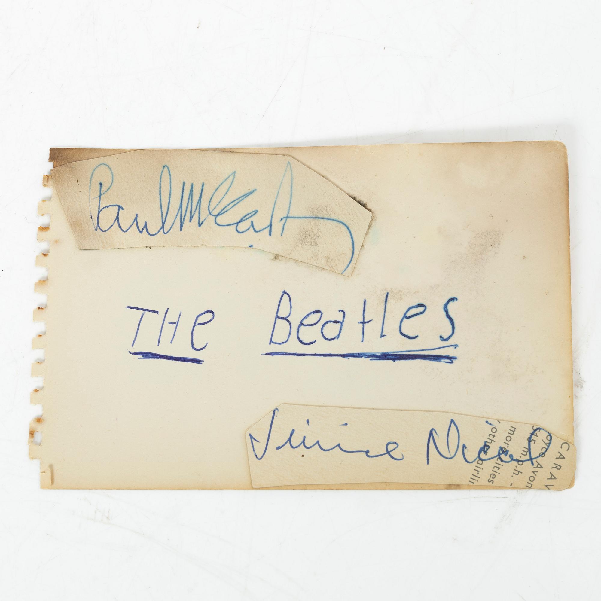 The Beatles, autographs, 3 sheets signed by John Lennon; Paul McCartney; George Harrison; Ringo Starr and Jimmie Nicol.