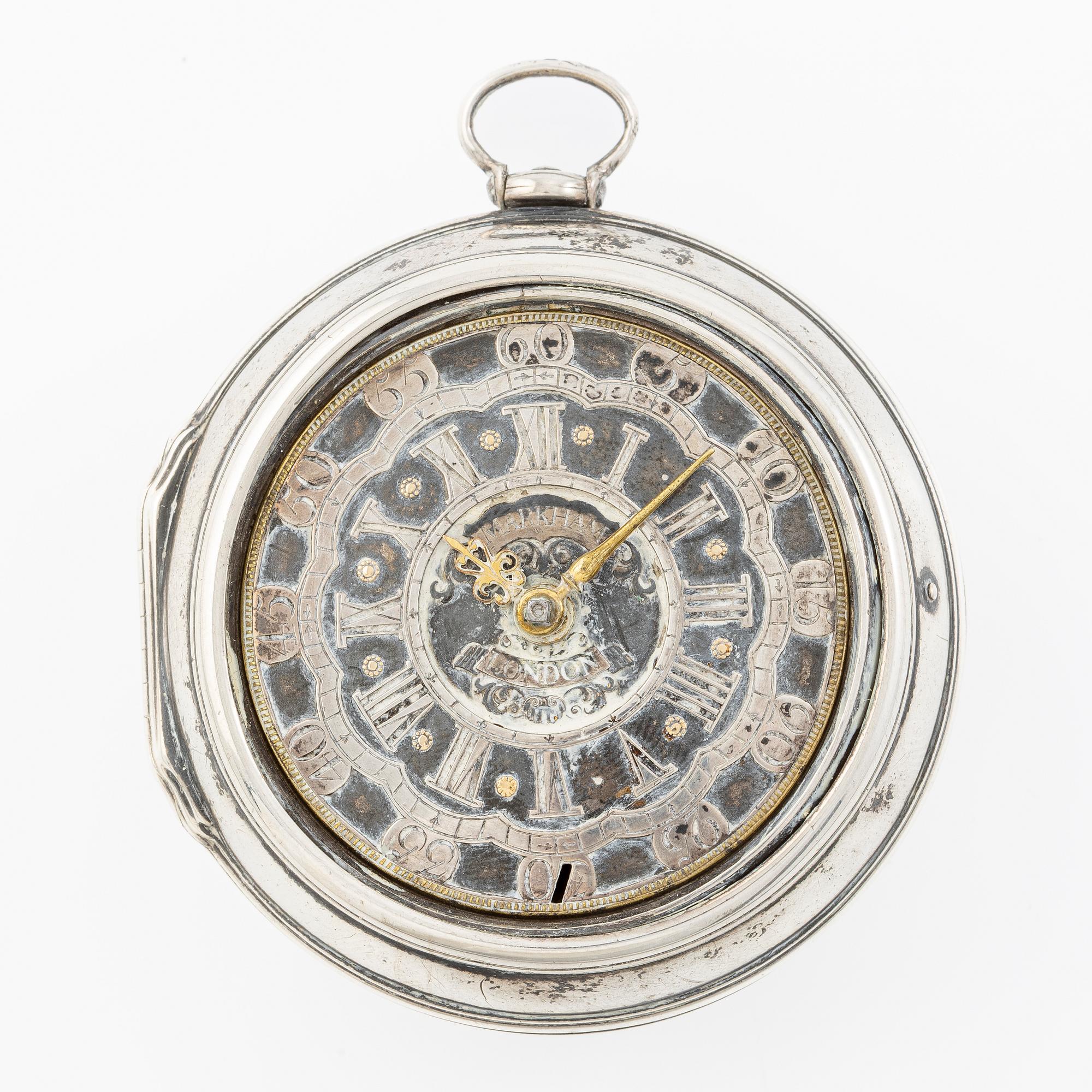 A silver double-case pocket watch by Robert Markham (watchmaker in London c 1725).