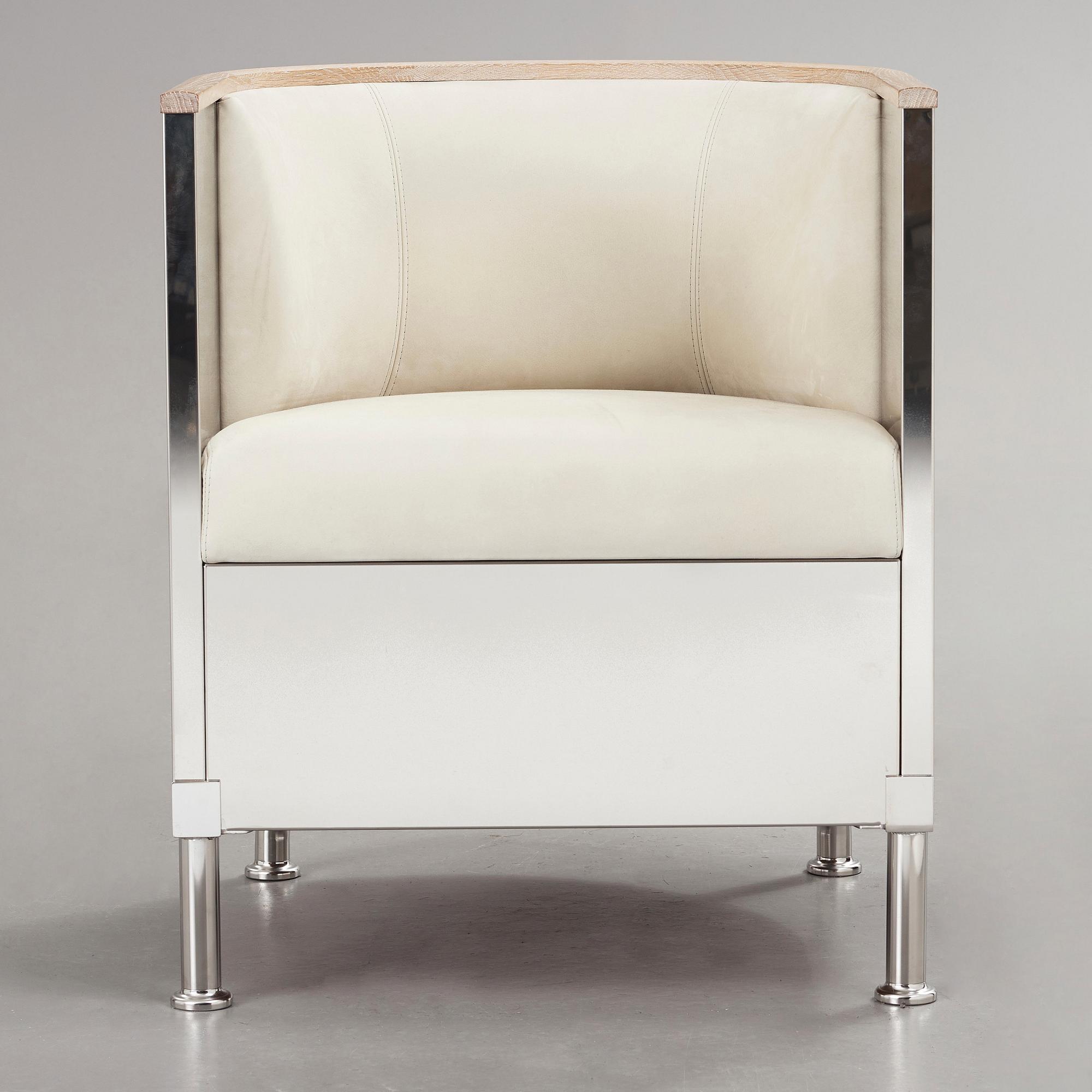 Mats Theselius, an 'Inox' polished steel, white soaped oak and white leather, nubuck armchair, Källemo, Sweden post 2015.