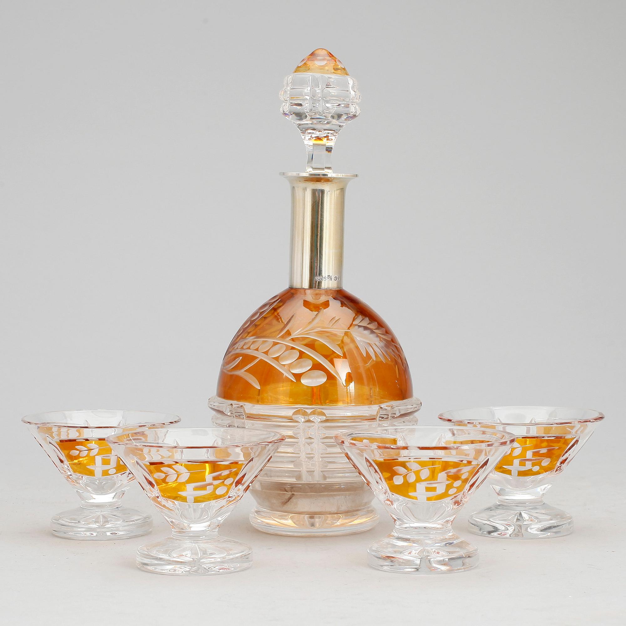 LIKÖRSET, glas och silver, 5 delar, Böhmisk stil, svensk importstämpel.
