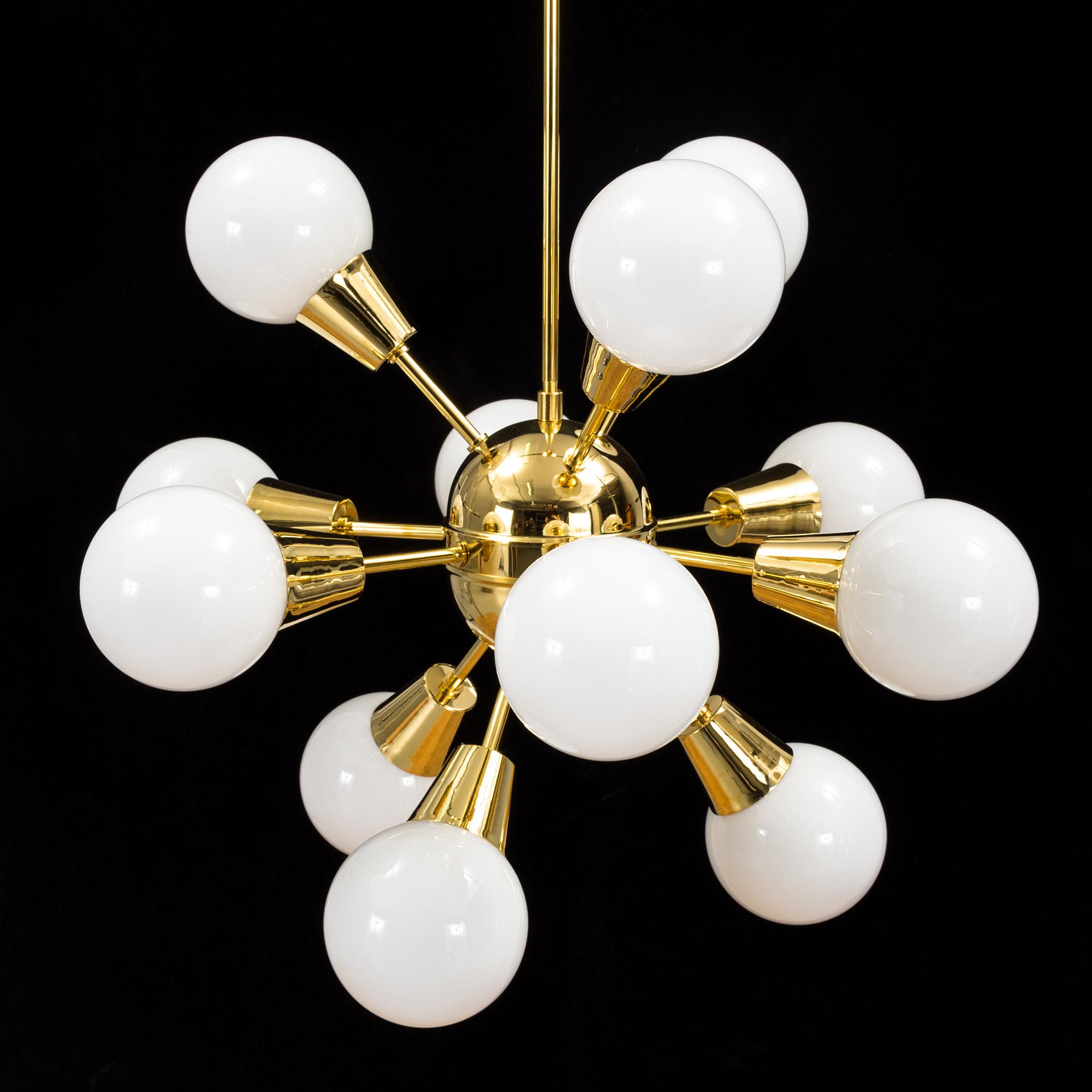 a brass and glas "Sputnik"-model ceiling light from the second half of the 20th century. Height ca 100 cm.