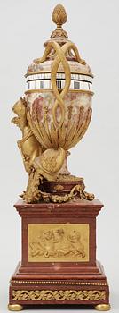 A Louis XVI-style late 19th century gilt bronze and marble vase clock "Pendule à cercles tournants", Dufaud Paris.