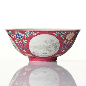 A famille rose ruby ground sgrafitto 'landscape' bowl, Qing dynasty, seal mark and period of Daoguang (1820-50).