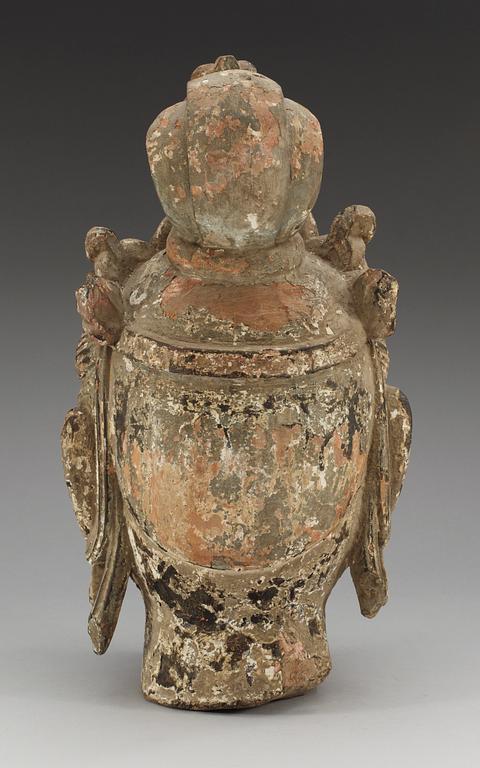 A Yuan/Ming style sculptured and painted wood head of Bodhisattva Guanyin, possibly Ming dynasty (1368-1644).