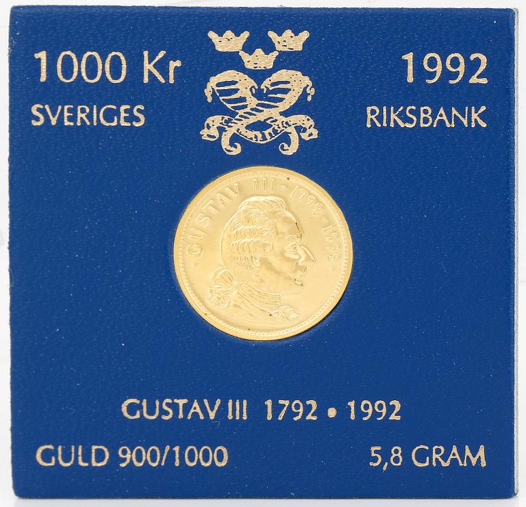 GULDMYNT, 1000 kr, Gustaf III, 1992. 5,8 gram.