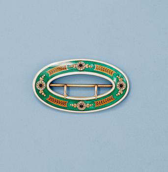 855. A 19TH/20TH CENTURY FRENCH PARCEL-GILT AND ENAMEL BELT-BROCHETTE, Marked Lacloche frères, Paris.