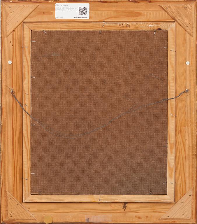 OKÄND KONSTNÄR, olja på pannå, signerad V. Ahlmann.