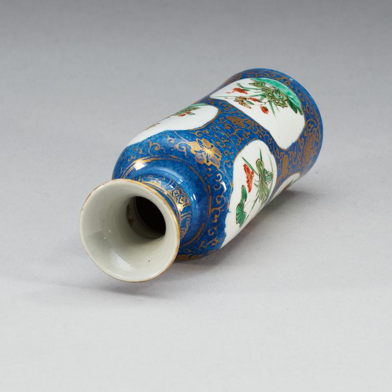 A powder blue ground vase with gilding and 'famille-verte' enamels within reserves, Qing dynasty, Kangxi (1622-1722).