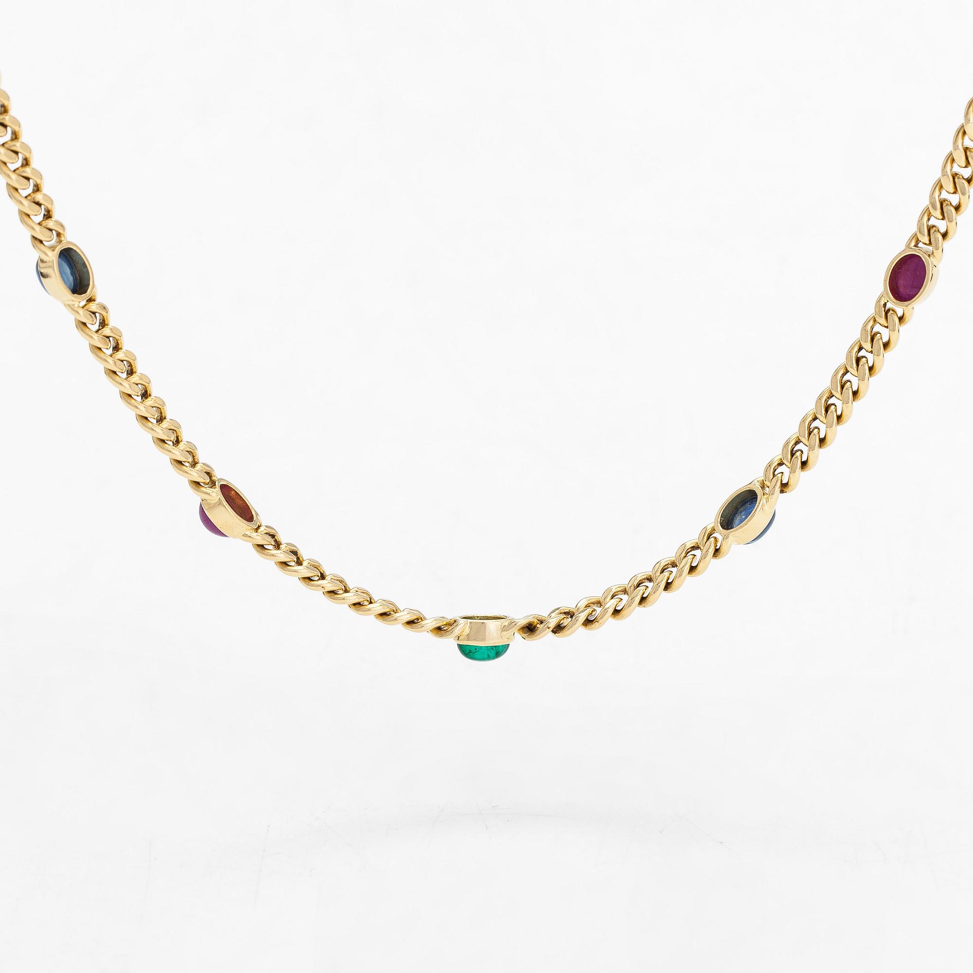 Halsband, pansarlänk, 18K guld med cabochonslipade rubiner, safirer och smaragd.