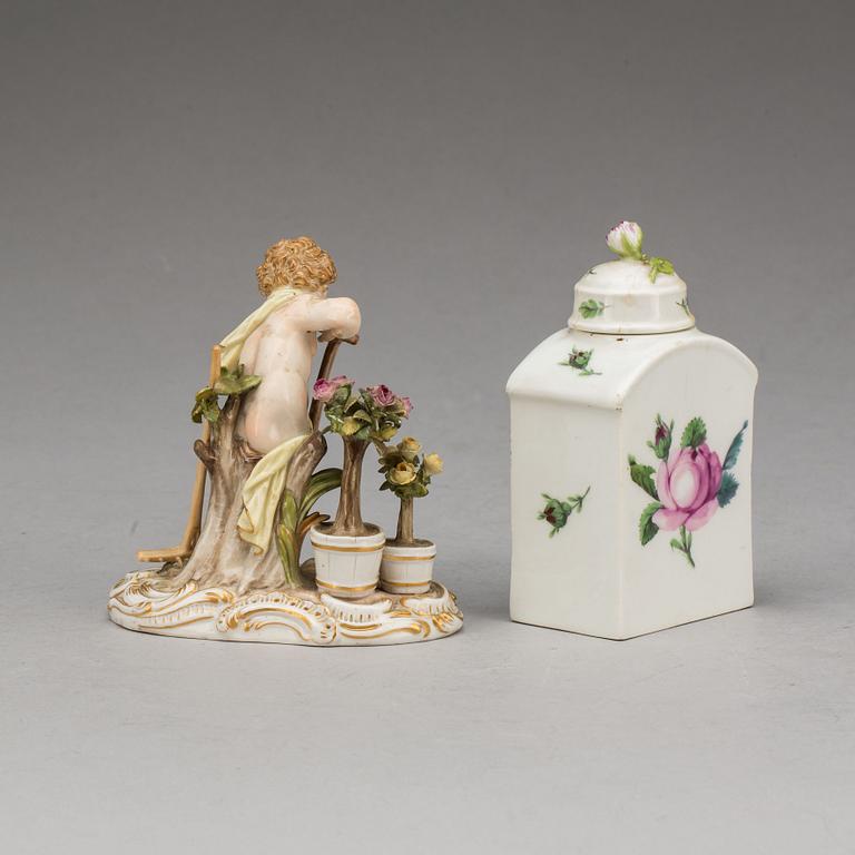 DOSA samt FIGURIN porslin, Meissen, Tyskland, tidigt 1800-tal resp 1900-tal.