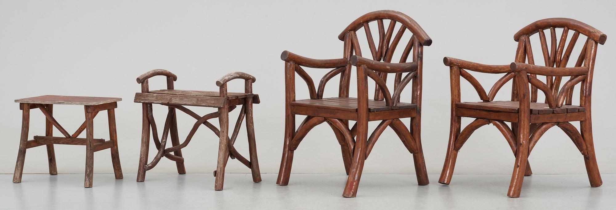 TRÄDGÅRDSMÖBLER, sk Grenmöbler, 7 delar, 1900-tal.