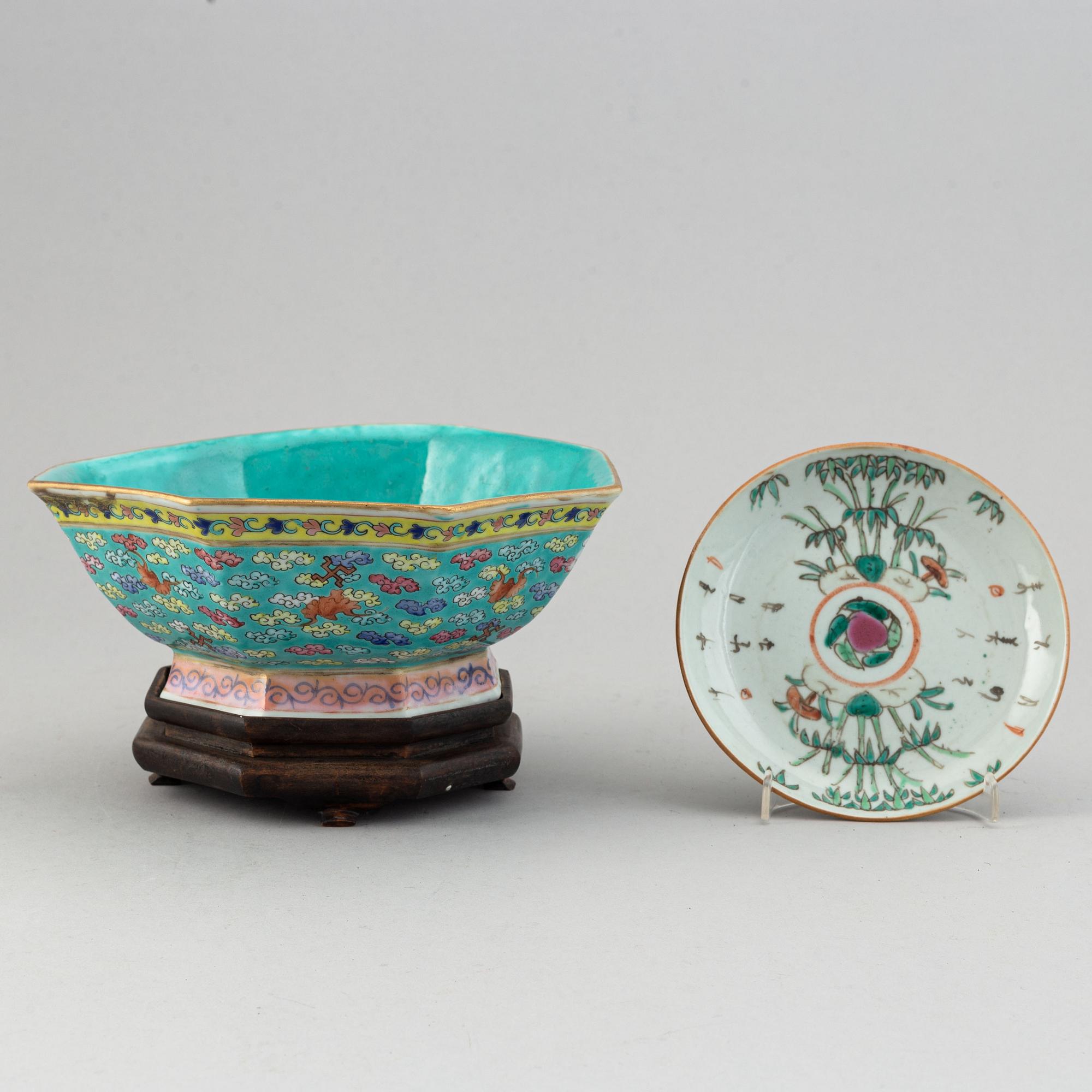 A famille rose bowl, and a dish, Qing dynasty, circa 1900.