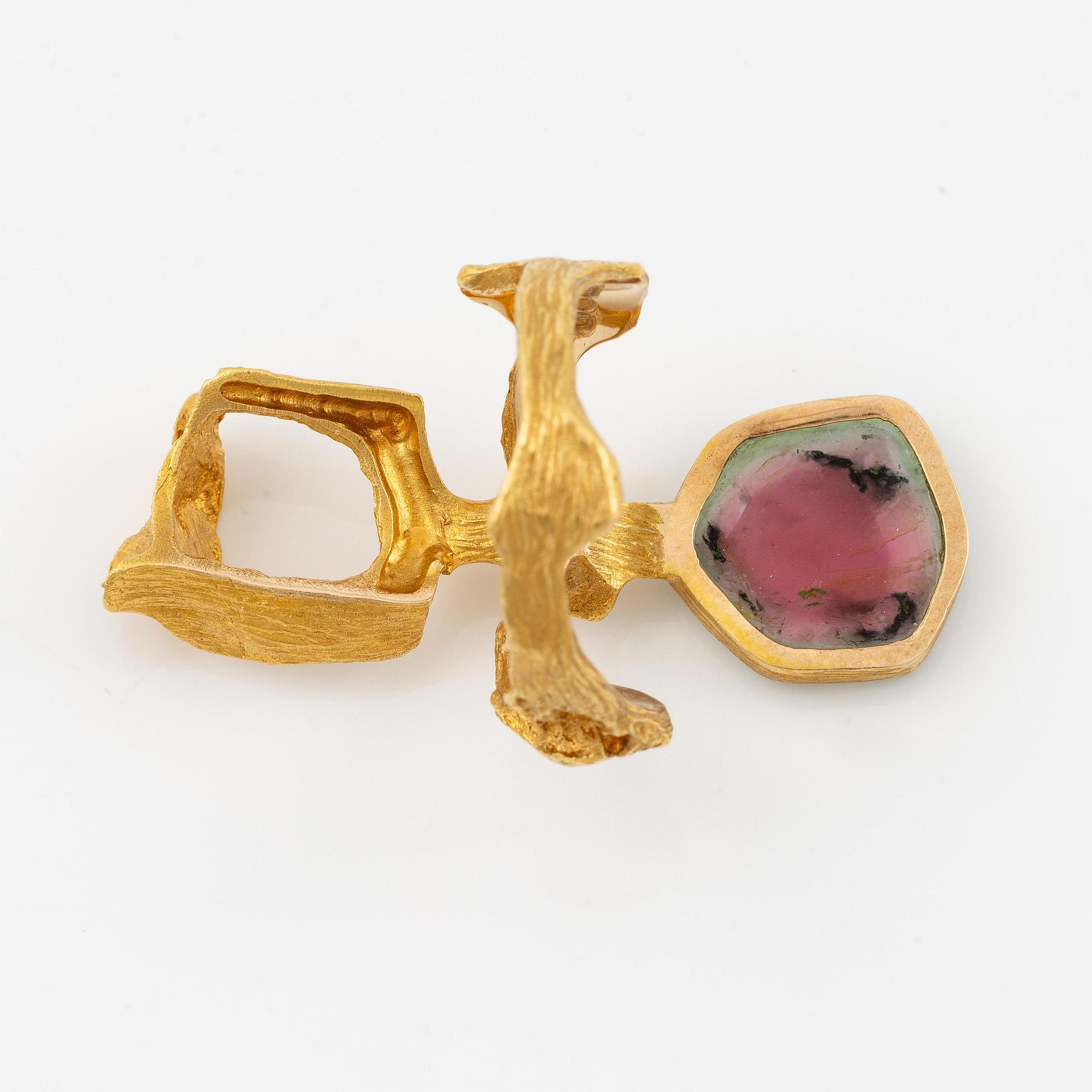 Björn Weckström, a ring, "Heijastus", 14K gold with watermelon tourmaline, Lapponia 1974.