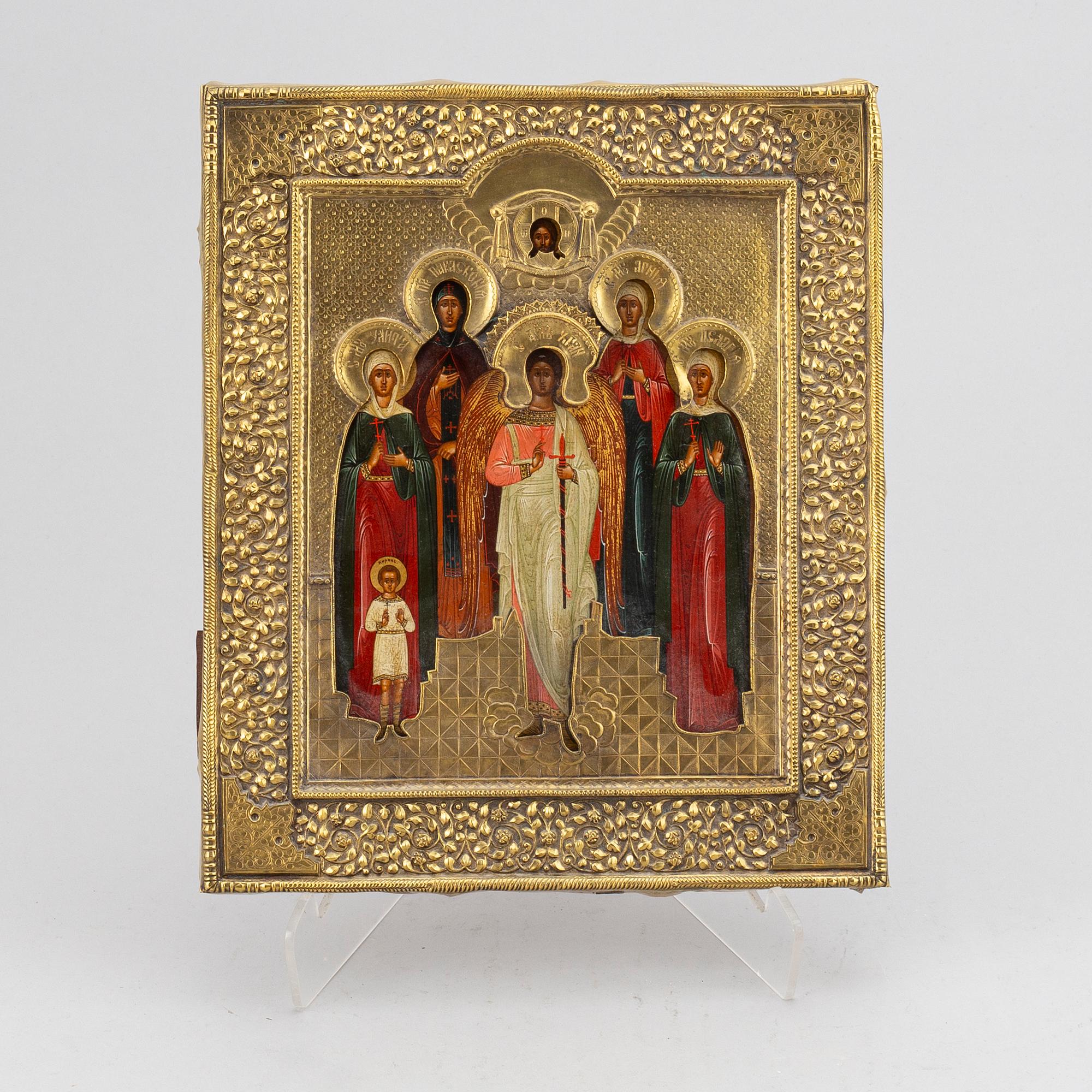 A Russian icon with brass ochlas, 19th Century.