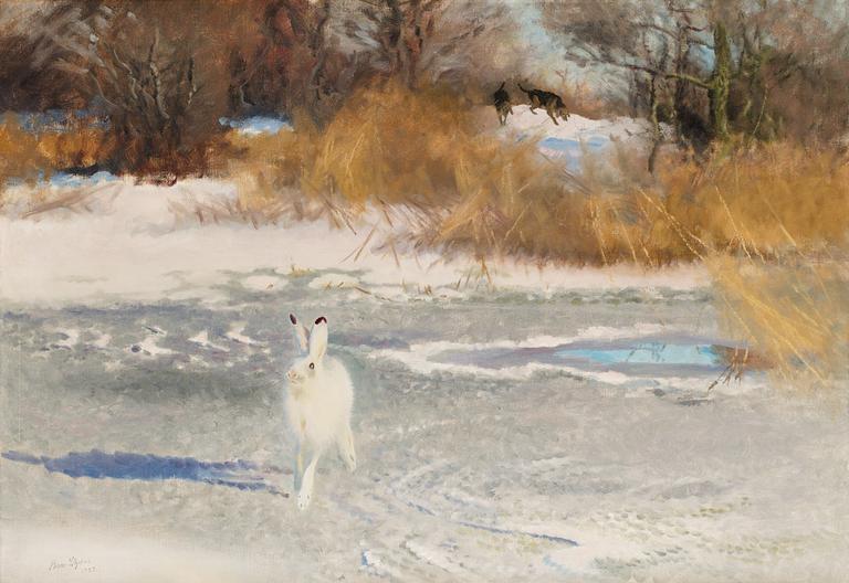 Bruno Liljefors, Winter landscape with hare and hounds.