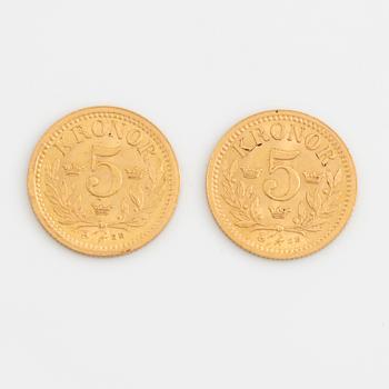 Oscar II, guldmynt 2 st, 5 kronor 1899 och 1901.