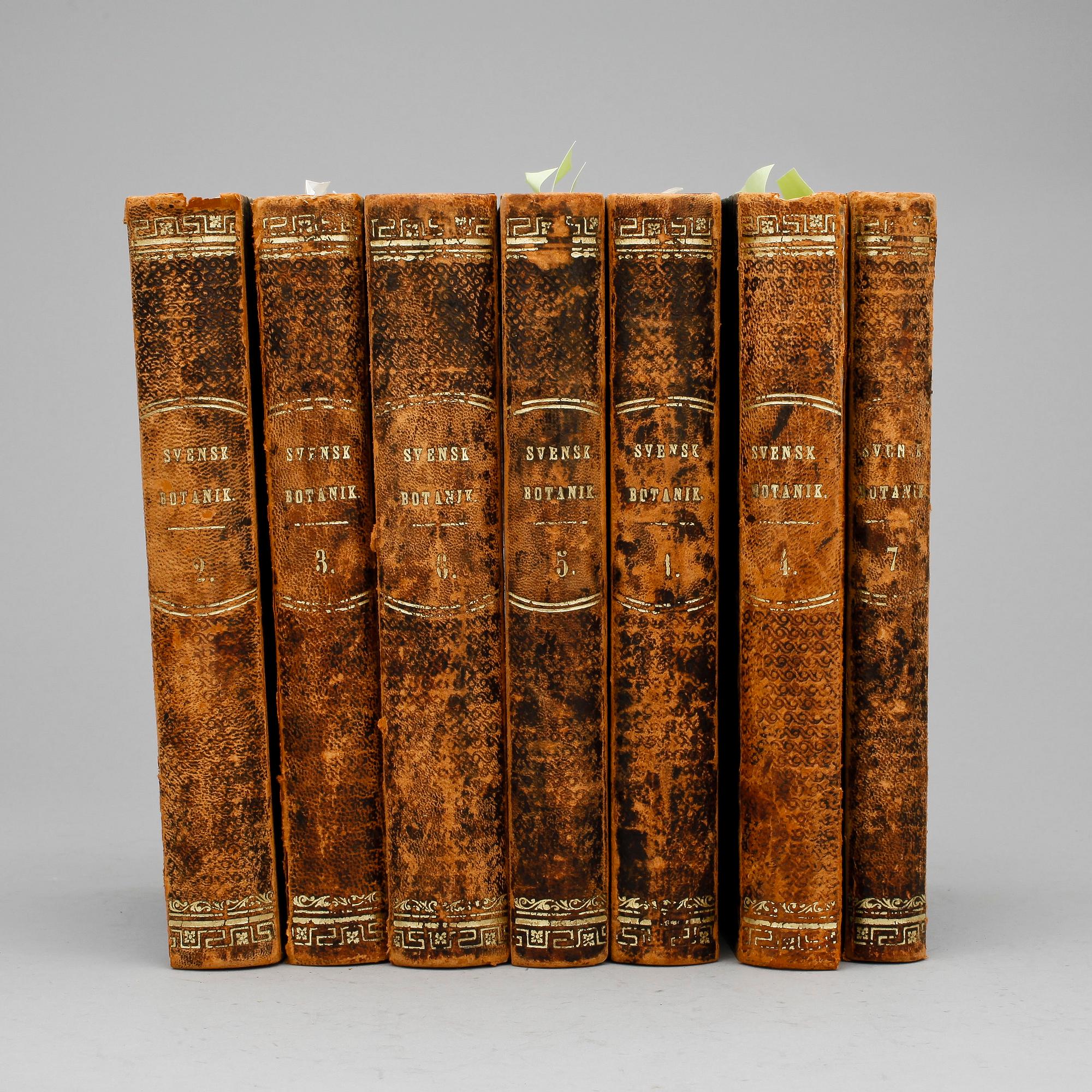 BOKVERK, 7 vol, "Svensk Botanik" utg Johan Wilhelm Palmstruch resp G.J. Billberg, Stockholm Carl Delén 1803-12.