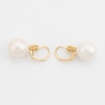 Freshwater pearl and colour treated yellow diamond earrings.