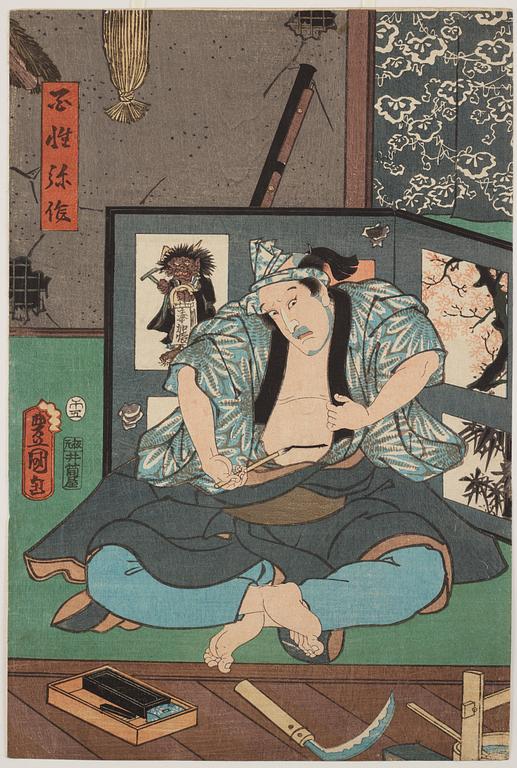 UTAGAWA KUNISADA (1786–1864), färgträsnitt, två stycken. Japan, 1800-tal, "Tale of Shiranui".