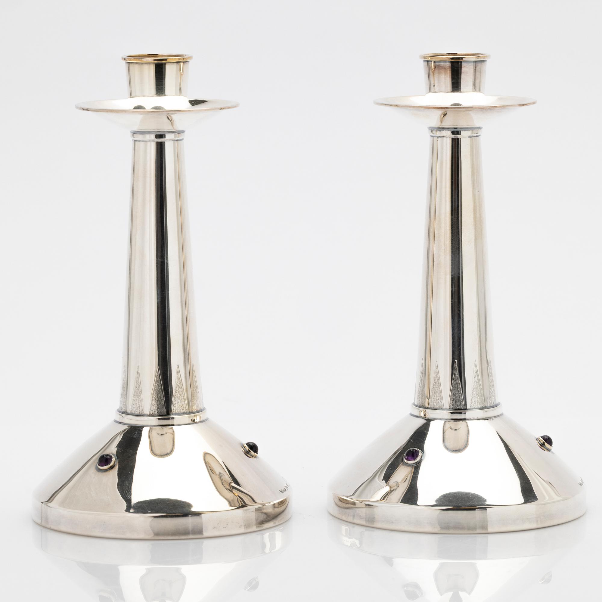 Tage Göthlin, candlesticks, a pair, silver with amethysts, Tesi, Gothenburg, 1965.