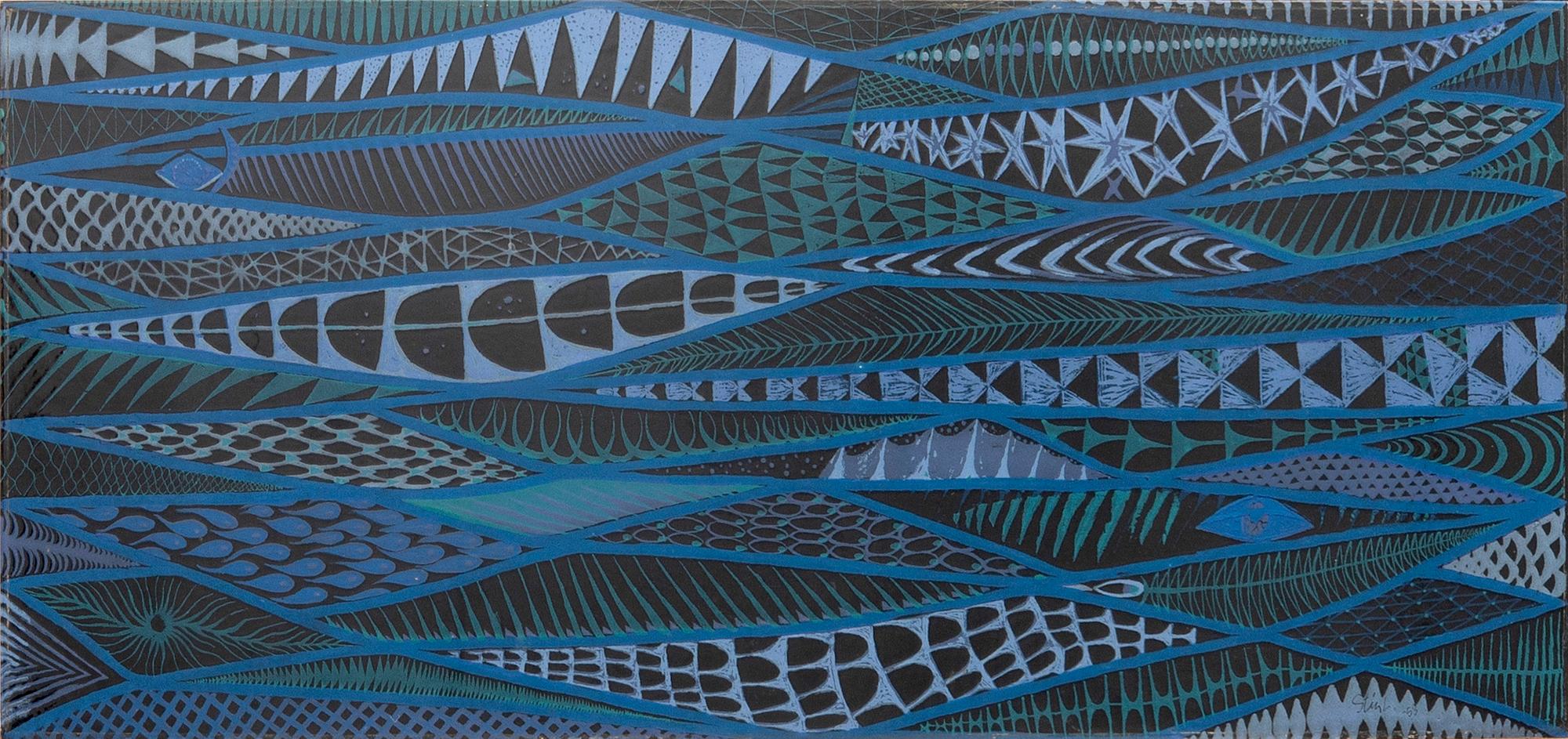 Stig Lindberg, bordsskiva, emaljerad plåt. Signerad Stig L och daterad -53.