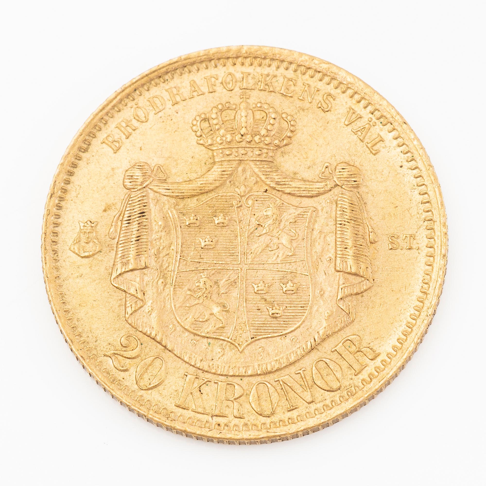 Guldmynt, Sverige, Oscar II, 20 kronor typ I, 1874.