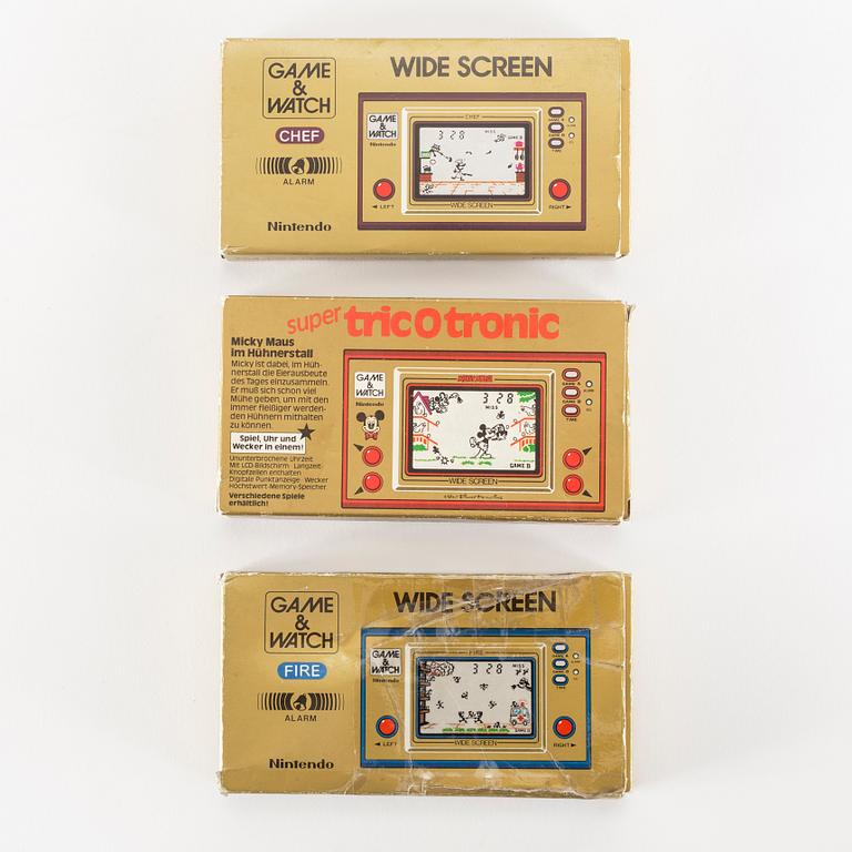 GAME & WATCH, "Fire", "Chef" samt "Mickey Mouse" i förpackningar, Nintendo, 1981.