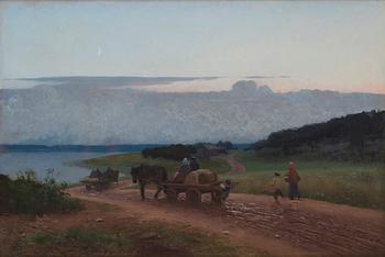 672. August Malmström, Evening landscape with farmers.