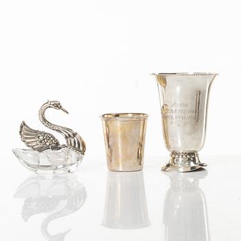 Five silver beakers and a salt cellar, including mark of Gustaf Jansson, CG Hallberg, Stockholm 1960.