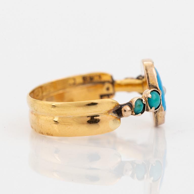 Ring, guld med turkoser och pärla.