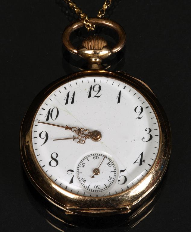 KLOCKA samt KLOCKKEDJA, guld, 14 k samt 18 k.