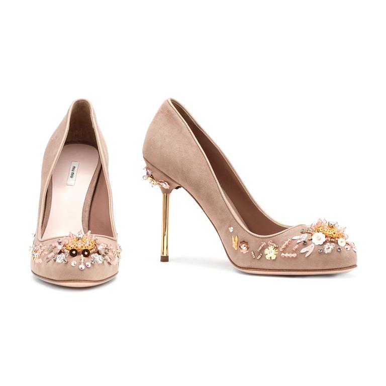 MIU MIU, a pair of beige suede pumps with sequined embellishment.