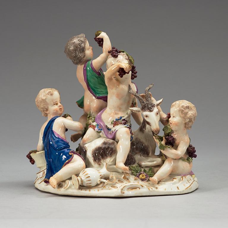 A set of four Meissen allegorical figure groups, 18th Century, three of them with the Marcolini mark (1774-1814).