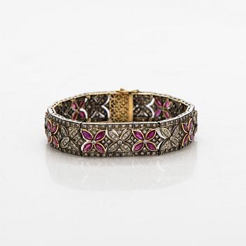 Bracelet, 8/8 cut diamonds, rubies, 14K gold, silver.