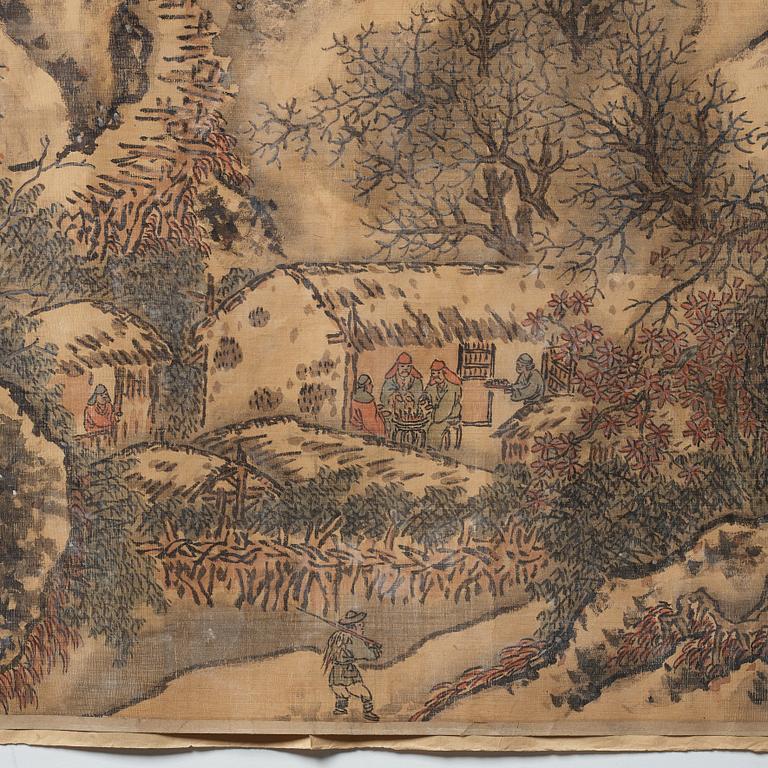 RULLMÅLNING, tusch och färg på siden. Signerad Shen Zhou (1427-1509), efter. Kina, 1900-tal.