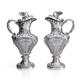 A pair of flamboyant and unusual large silver and cut-glass decanters by Wilhelm Bolin Moscow 1912-1917.