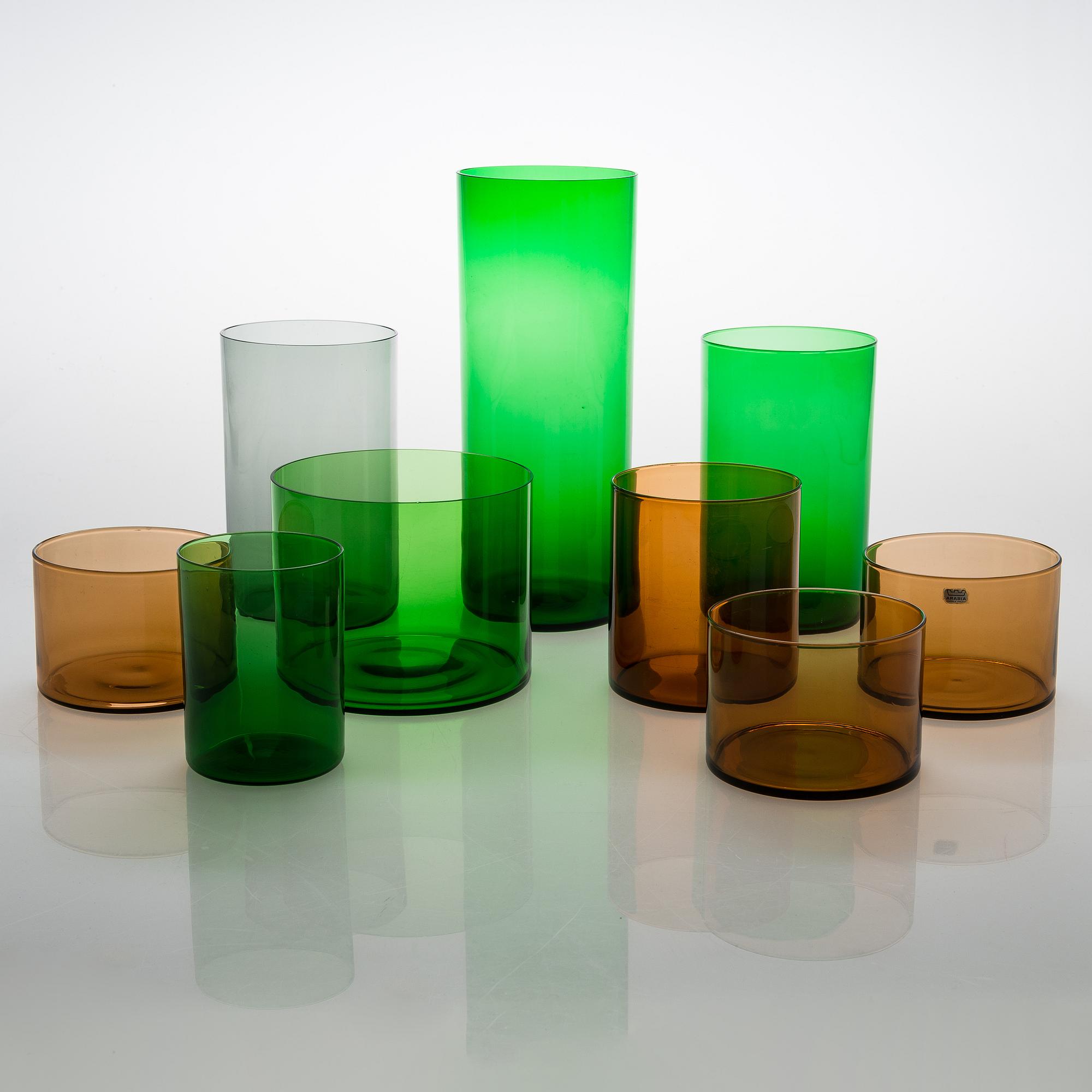A set of 9 glass jars "Purtilo" by Kaj Franck Arabia, Finland. Designed in 1970:s.