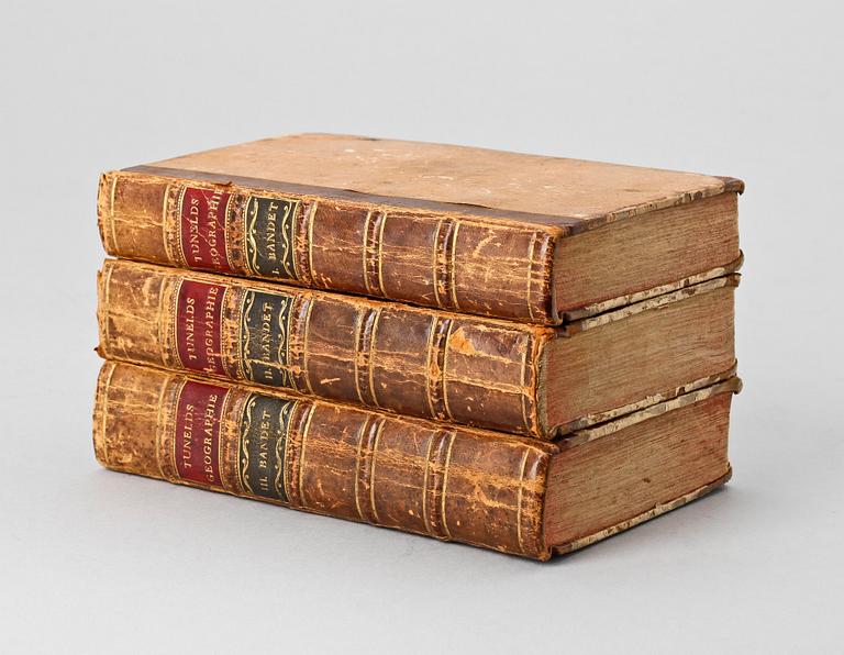 BÖCKER, 3 vol, 1-4, "Geographie öfver Konungariket Swerige", Eric Tuneld, Stockholm, 1792 och 1793.