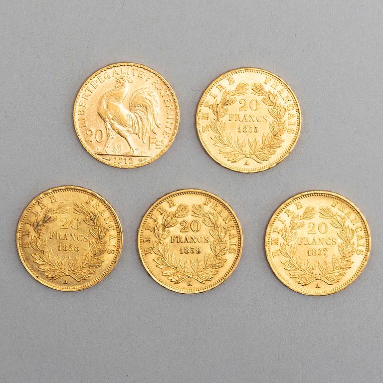 Five French coins, whereof four 20 francs coins Napoleon III 1850's, one 20 francs coin 1912.